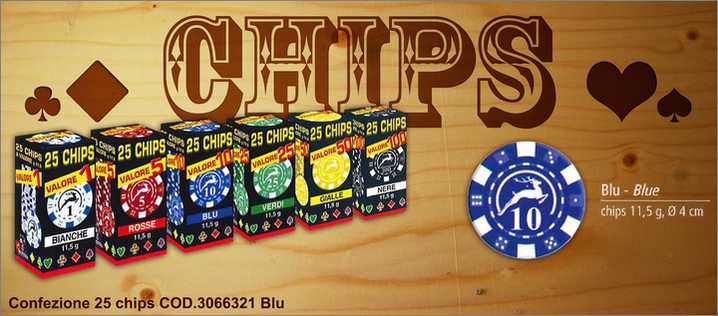 Cod. 3066321. Set da 25 chips - blu. Prezzo al pubblico per singolo set  4,70