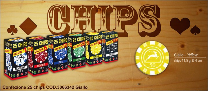 Cod. 3066342. Set da 25 chips - giallo. Prezzo al pubblico per singolo set  4,70