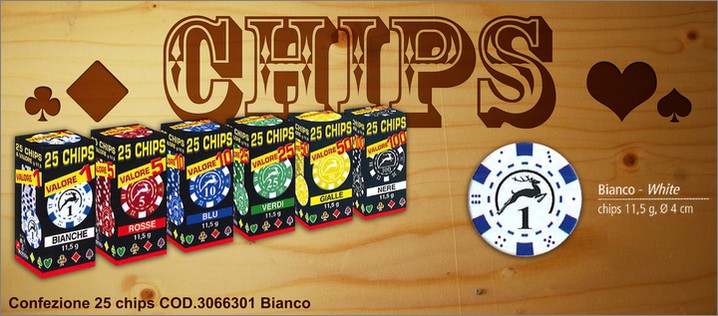 Cod. 3066301. Set da 25 chips - bianco. Prezzo al pubblico per singolo set  4,70