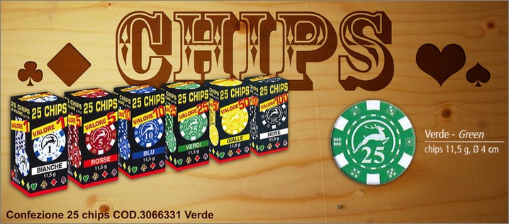 Cod. 3066331. Set da 25 chips - verde. Prezzo al pubblico per singolo set  4,70