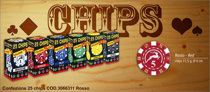 Cod. 3066311. Set da 25 chips - rosso. Prezzo al pubblico per singolo set  4,70