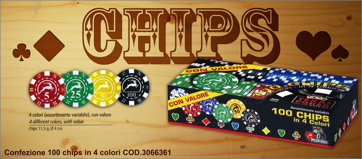 Cod. 3066361. Set da 100 chips - 4 colori. Prezzo al pubblico  15,00